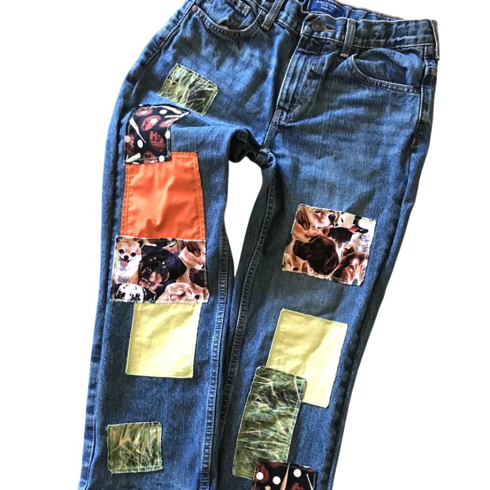 Children's Pants, Size 10 Husky: Upcycled Puppies Baseball Theme Patchwork Jeans